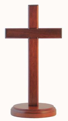 Shalom Christian brown wood wooden Cross 20cm standing round base desk gift