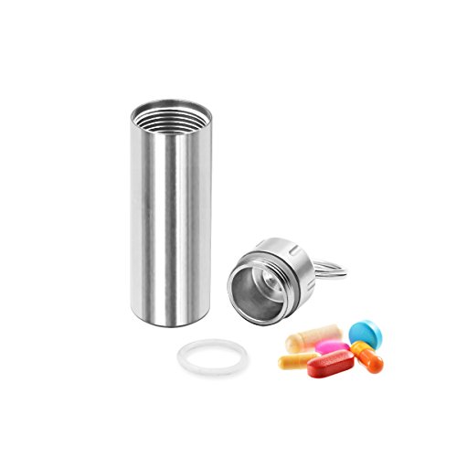 SHD Pill Box Keychain Waterproof Single Chamber Stainless Steel Pill Organizer for Outdoor Travel Camping