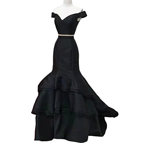 Chady Sexy Off Shoulder Black Prom Dresses 2018 Long Two Piece Mermaid Ruffles Satin Evening Dress Party Gowns