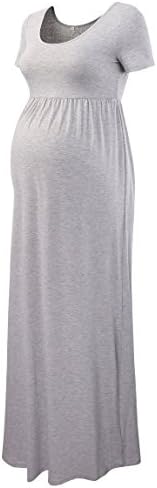 Jinson Women's Basic Maternity Soild Short Sleeve Long Maxi Dress Vestido with Empire Waist for Pregnancy Grey XL