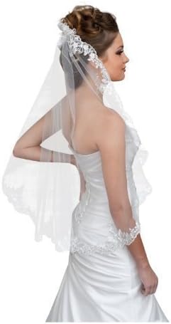 Ossa Bride 1-Tier Bridal Wedding Elbow Lace Veil with Silver Threads & Pearls