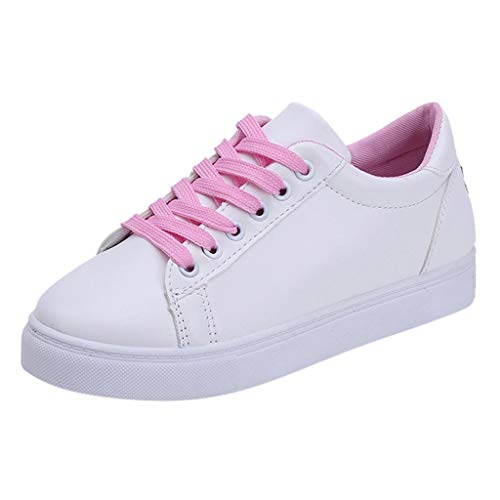 Lace up Flat Sneakers for Women - Girl Super Cute Cartoon Cat White Platform Shoes Lightweight Breathable Walking Shoes (Pink, US 5.5)