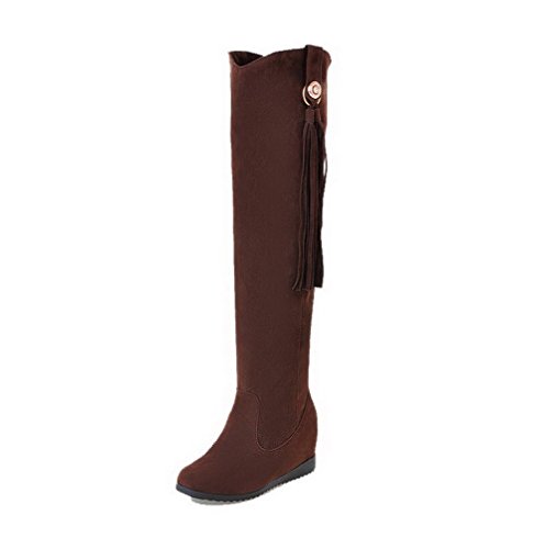 AmoonyFashion Women's Pull-On High-Heels Imitated Suede Solid High-Top Boots, Brown, 36