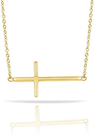 Gold Plated Sterling Silver Pendant Necklace with Horizontal Sideway Cross Charm, Gift Jewelry Box, Rhodium 925 Silver, Adjustable Chain Length 16" 17" 18"