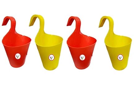 Vinshra Plastic Plants Railing Flower Pots, Multi-Colour- Set of 4