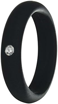 Women Silicone Wedding Band with Rhinestone diamond, Black thin rubber bands Narrow Elastic Non Metal for Mechanic Workout, Athlete Exercise, sport Keep Fit