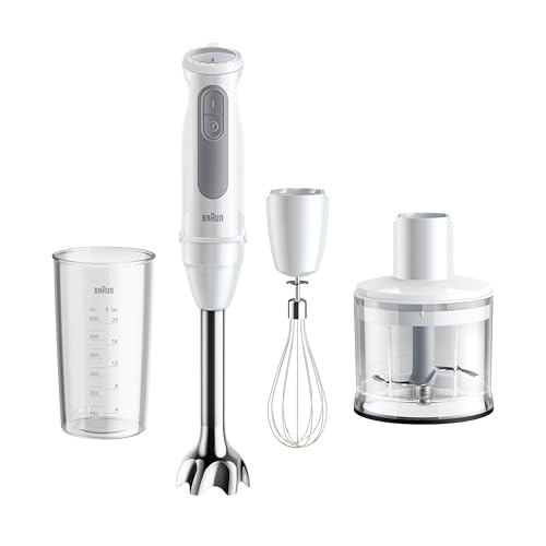 Braun Stabmixer MultiQuick 5 MQ 50236 M, 1000W, 21 Geschwindigkeitsstufen+Turbo, Edelstahl Pürierfuß, Easy Click System, SplashControl, Inkl. 500ml Zerkleinerer, Schneebesen, 600ml Becher, Weiß