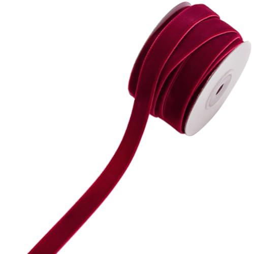 CABODYALS 10M 15mm Burgundy Single Face Vintage Velvet Ribbon Thin Soft Assorted Valentines Woven Trim Wedding Garland Wreath Ribbons for Sewing Making Gift Wrapping Party Decors