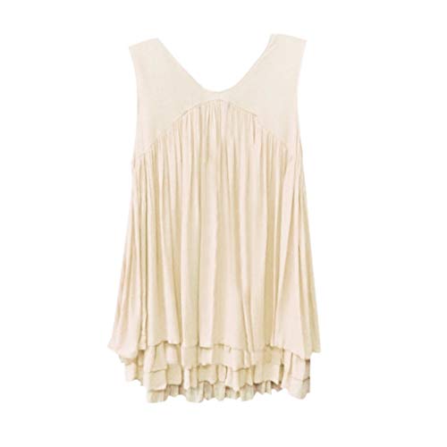 Sanyyanlsy Women's Layed Ruched Pleated Vest Ladies V-Neck Ruffled Tank Top Casual Solid Color Short Sleeveless T-Shirt Beige