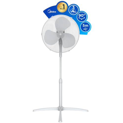 Midea Ventilador de Pie de 3 Velocidades - Ventilador Silencioso con Oscilación 90º y Altura Ajustable - Ventiladores de Pie con Flujo de Aire Potente 40m3/min, Ligero y Fácil transporte - 1 unidad