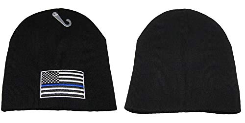 AES USA Blue Line Police Memorial Law Enforcement Patch Black Plain Back Embroidered Beanie Hat