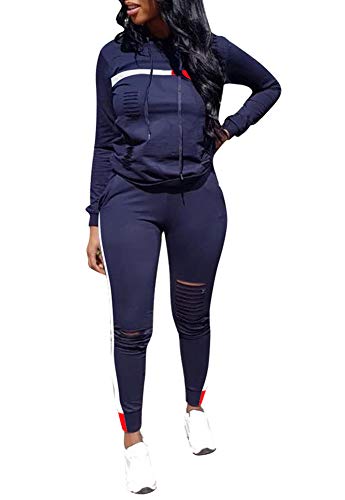 DINGANG Women's 2 Piece Outfits Stripe Pullover Hoodies Long Pants Tracksuit Jumpsuit Set