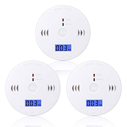 Carbon Monoxide Detector 3 Pack CO Alarm Detector Battery Operated with LCD Digital Display for House, Bedroom, Living Room, Basement, Garage, Hotel, Office (AA Batteries NOT included)