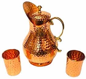 CRYSTAL CROWN 100% Pure Copper Hammered Copper Pitcher Bull Jug with 2 Tumbler Glass