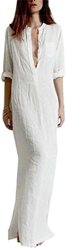 Luweki Bohemia Dress Women's Sexy Casual Long Sleeve V-neckline Solid Long Maxi Dress (XL, White)
