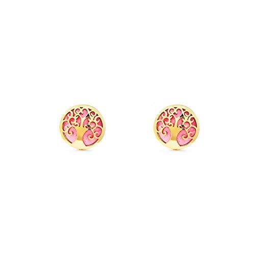 Women's and children's tree of life Pink Mother of Pearl Earrings - Yellow Gold
