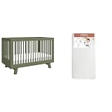 babyletto Hudson 3-in-1 Convertible Baby Crib in Olive Green with Pure Core 2-Stage Crib Mattress Bundle