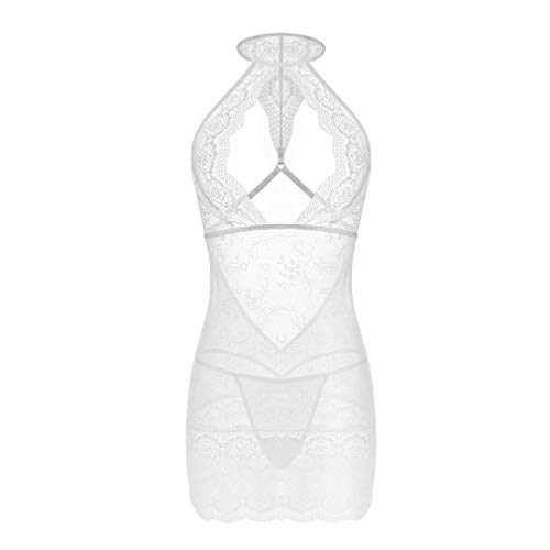 EROMATE Floral Babydoll Full Lace Lingerie for Women Backless Dress Plus Size White