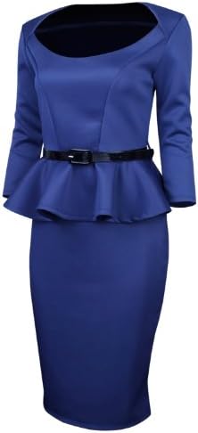 HRYfashion Womens Classic Long Sleeve Belted Peplum Midi Dress HRYD6163-NAVY-XXL (US XL/XXL)