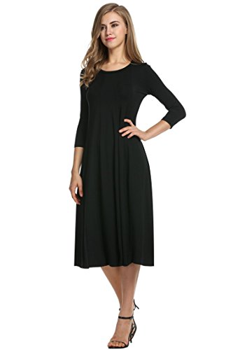 Misakia Women's 3/4 Sleeve Casual Loose Solid Midi T-shirt Dress (Black XL)