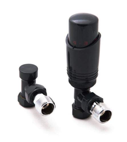 Reina Modal Modern Thermostatic Radiator Valves + Lockshield 1/2" x 15mm - Black, Angled
