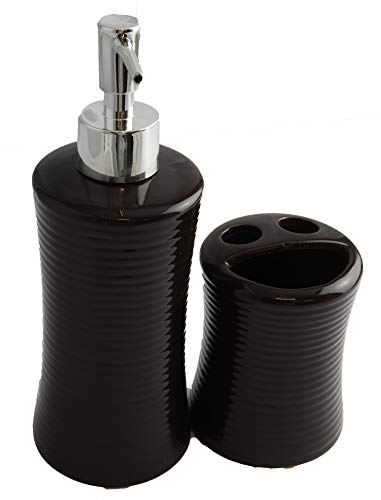 DINY Home & Style Designer 2-Piece Ceramic Bath Accessory Set | Includes Liquid Soap or Lotion Dispenser w/Toothbrush Holder (Chocolate)