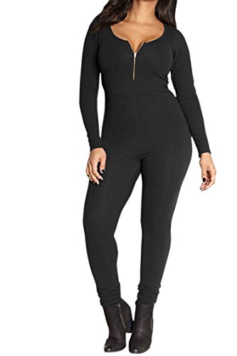 VamJump Womens Black Fall Long Sleeve Zipper Front Jersey Tight Jumpsuit Pants S