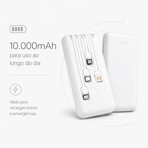 Power Bank Carregador Portátil Universal 10000mAh com Cabos Integrados USB-A, USB-C (Type-C), Micro-USB e USB-Light Carregamento Rápido Bateria Externa Compacta para Celular Android iOS(Branco)