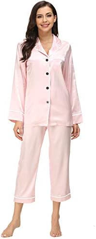 Kiddom Womens Classic Silk Satin Sleepwear Girls Pajamas Set Ladies Loungewear Collar Pockets Long Sleeve
