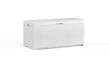 Suncast 99 Gallon Resin Wicker Patio Storage Box - Water Resistant Outdoor Storage Container for Toys, Furniture, Yard Tools - Store Items on Deck, Porch, Backyard - White
