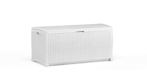 Suncast 99 Gallon Resin Wicker Patio Storage Box - Water Resistant Outdoor Storage Container for Toys, Furniture, Yard Tools - Store Items on Deck, Porch, Backyard - White