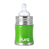 Pura Kiki 5-Ounce Stainless Steel Infant Bottle with Slow Flow Nipple, Green
