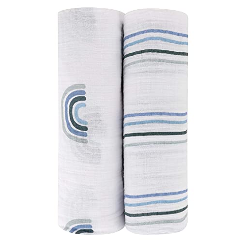 Ely's & Co. Cotton Muslin Swaddle Blanket 2-Pack for Baby Boy — 100% Cotton Muslin Extra-Large Swaddle Blankets (47” x 47”) Blue Rainbows | Blue Stripes