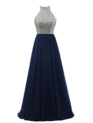HEIMO Women's Sequined Keyhole Back Evening Party Gowns Beaded Formal Prom  Dresses Long H123 2-Navy