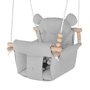 Baby Swing Outdoor Indoor, Secure Canvas Baby Swing,Wooden Baby Hanging Swing for Infant,Toddler Swing Seat,3-Point Adjustable Safety Harness,Mounting Hardware Included,Gift for Baby Boys Girls,Grey