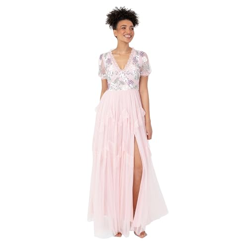 Maya Deluxe Robe Longue pour Femme - Manches Courtes Bouffantes - Col en V - Ornée de Paillettes - Bordure en Dentelle - Tulle - Robe de Demoiselle d'honneur - Rose Cristal - Taille 38, Rose Cristal,