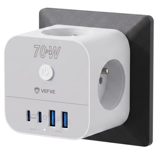 VEFVE Chargeur Rapide USB C 70W, Prise Multiprise Cube 7-en-1 avec Interrupteur, Technologie GaN III, Compatible Ordinateurs Portables, Tablettes et Smartphones