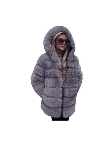 Womens Luxury Faux Fur Cardigan Coat Hooded Oversize Fluffy Winter Warm Solid Long Overcoat Jacket - Limsea Gray