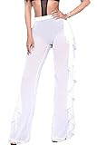 Doqcey Women's Perspective Sheer Mesh Ruffle Pants Swimsuit Bikini Bottom Cover up (M, White)