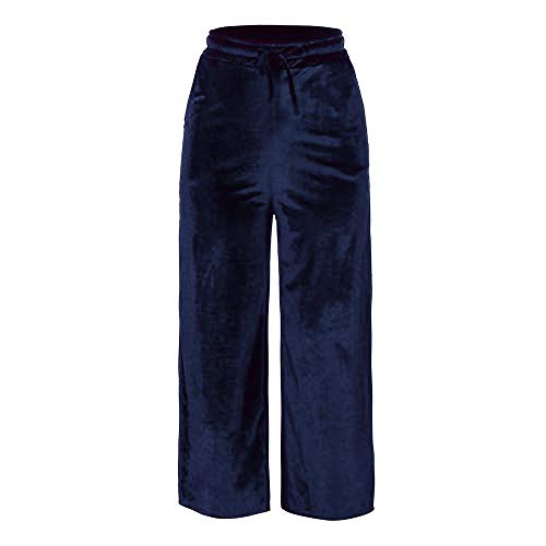 Sunmoot Wide Leg Pant for Women Plus Size Causal Loose Gold Velvet Drawstring Trousers Dark Blue