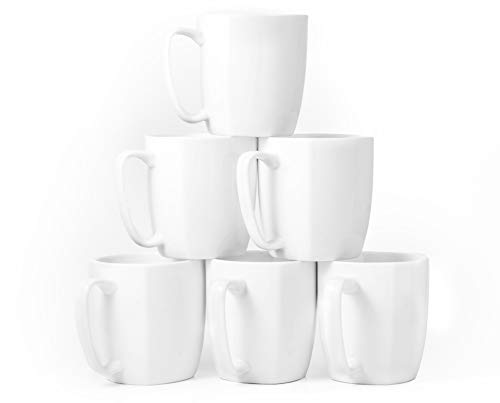 Amuse- Professional Porcelain Bistro Collection Daily Mugs- Set of 6-14 oz (White)