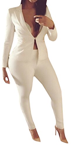 Chuanqi Women's Solid White Professional OL Blazer Deep V-neck Suits 2 Piece, White,Medium