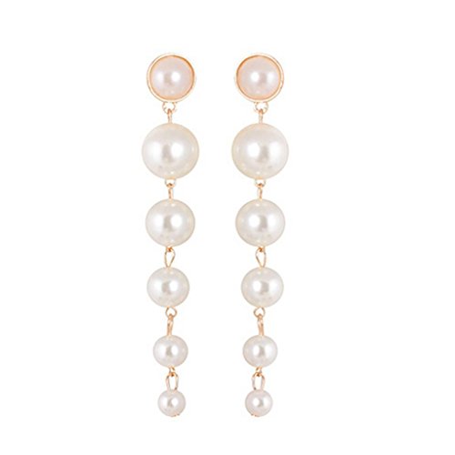 Women's Elegant Simulated Pearl 3 Tassel Chains Bridal Jewelry Long Dangle Eardrop Tassel Ear Stud Earrings (Gold)