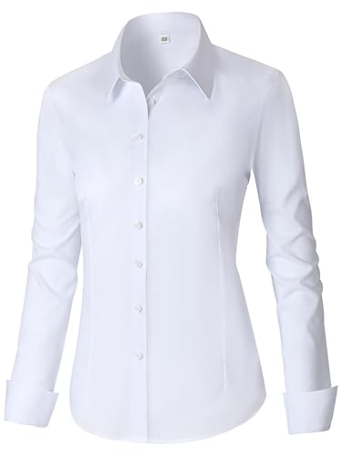 CUNLIN Button Down Shirts for Women s Cotton Blouse Womens Blouses Tops Dressy Casual Tunic Collared Long Sleeve Dress Shirt Uniform Button-Down up Fitted Tunics Business Formal Work top White Size L at Amazon