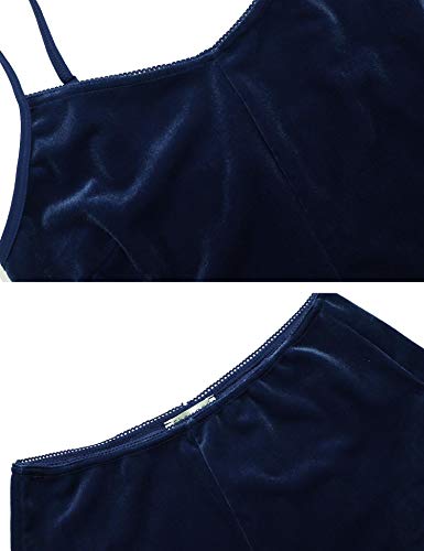 Ekouaer 2 Piece Velvet Outfits for Women Spaghetti Strap Crop Top and Yoga Shorts Jogging Set Lounge Navy Blue S