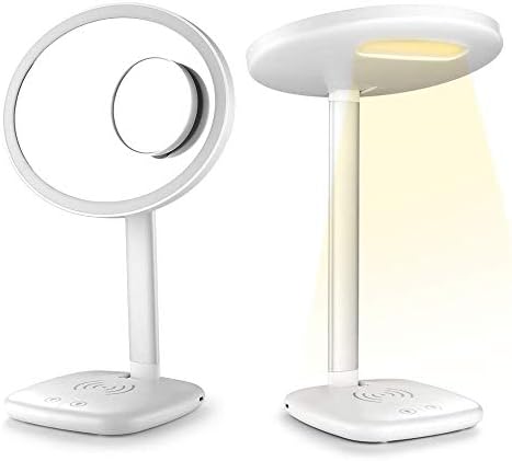 Lighted Makeup Mirror/Vanity Mirror with Wireless Charger, 10X Magnifying Dimmable Touch Lamp Control with 30 Led Lights, Dual Power Supply, 90°Adjustable desk lamp for Tabletop