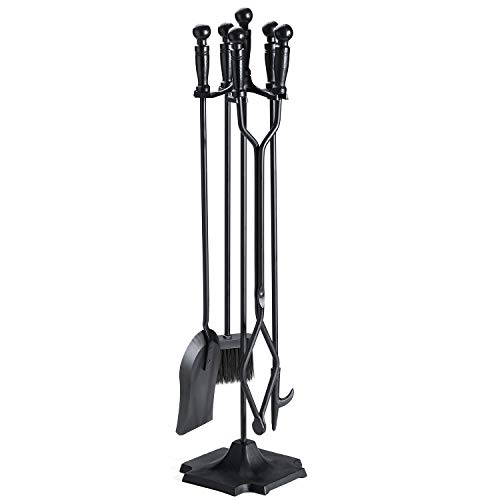 Syntrific 5 Pieces Fireplace Tool Set Black Cast Iron Fire Place Tool Set with Log Holder Fire Pit Stand Rustic Tongs Shovel Antique Broom Chimney Poker Wood Stove Hearth Accessories Set