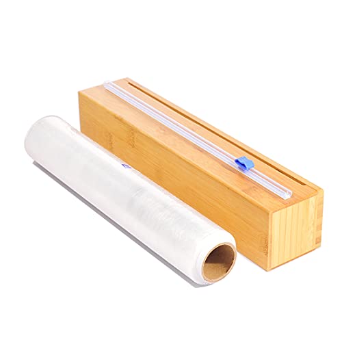 Plastic Wrap Dispenser, Bamboo Wood Cling Food Wrap Dispenser, with Slide Cutter & A Roll of 11.