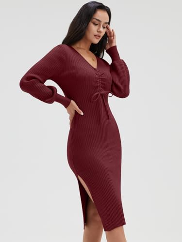 DEEP SELF BODYCON DRESS LONG SLEEVE MIDI DRESS SEXY DRESSED FOR WOMEN DATE NIGHT KNIT DRAWSTRING NECK BLUE PENCIL DRESS