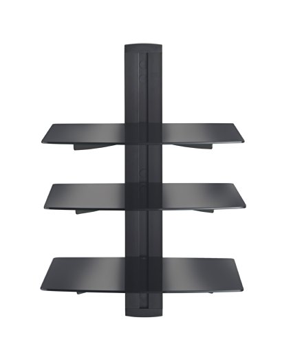 VonHaus 3x Floating Wall Shelves with Strengthened Tempered Glass - Adjustable – Black - DVD Players/Cable Boxes/TV Accessories